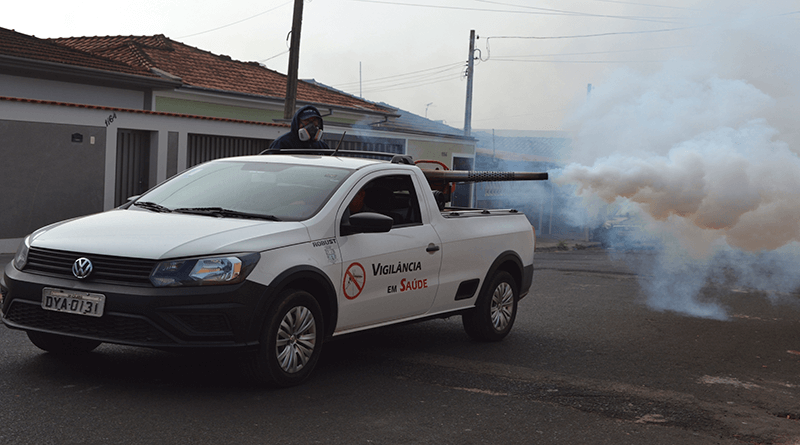 A equipe da Vigilância em saúde aplicando o fumacê nas ruas dos bairros da Cohab e Cruz Alta, durante o feriado desta quinta-feira